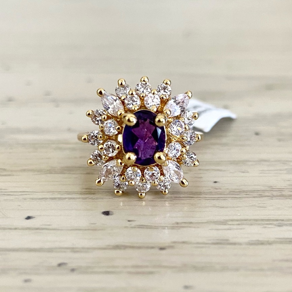 NWT Amethyst and Crystal Gold Tone Cocktail Ring | Size 6.5